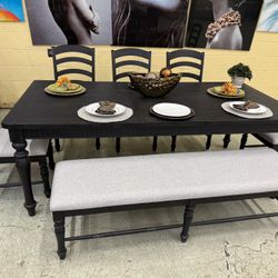 84 Inch Black Table With Leaf, 5 Chairs And A Bench 
