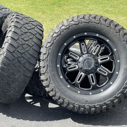 20” Gear Wheels Dodge Ram 1500 rims Jeep Wrangler 5 lug BFG 35” Tires M/T JK JL Rubicon