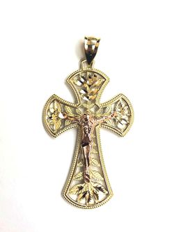 Beautiful design cross with Jesus religious pendant 14K REAL YELLOW & ROSE GOLD. Description⬇️