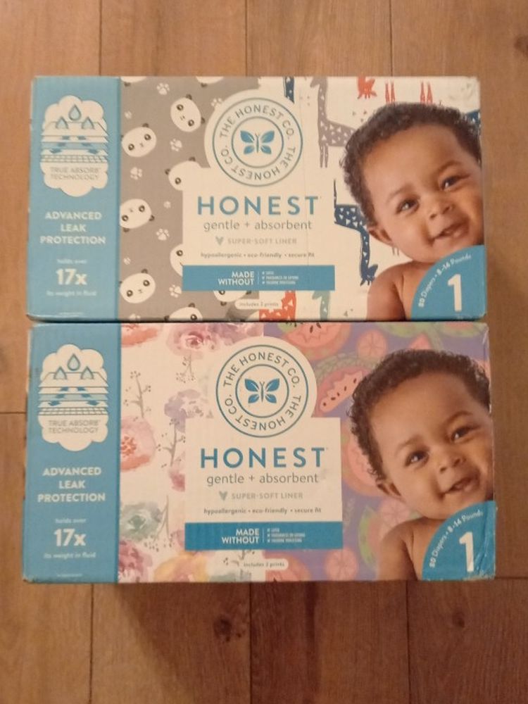 Honest Company Printed Diapers 2 Boxes Of 80 - Advanced Leak Protection- Size 1 For Babies 8-14 Lbs