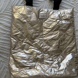 Victoria's Secret Gold Quilted Tote Bag Large Metallic Shopper Puffer