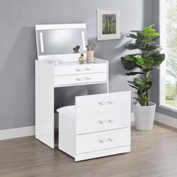WHITE MAKEUP VANITY & STOOL SET HIGH GLOSS (CO930208) $399  DELIVER AVAILABLE           Vanity set blends polished style and practical organization in