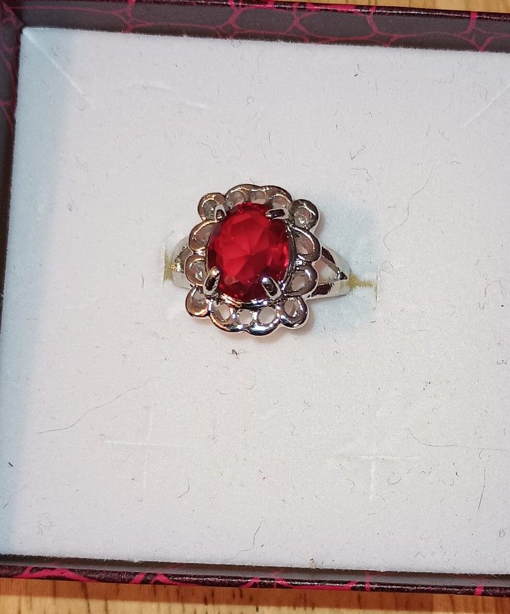 Silver Tone Ring With Simulated Red Stone