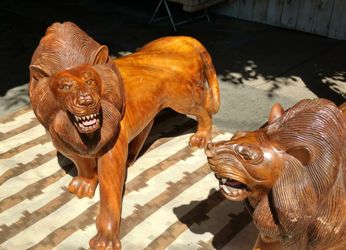 Vintage Hand carved Wooden Lion sculpture Statue pair Of two