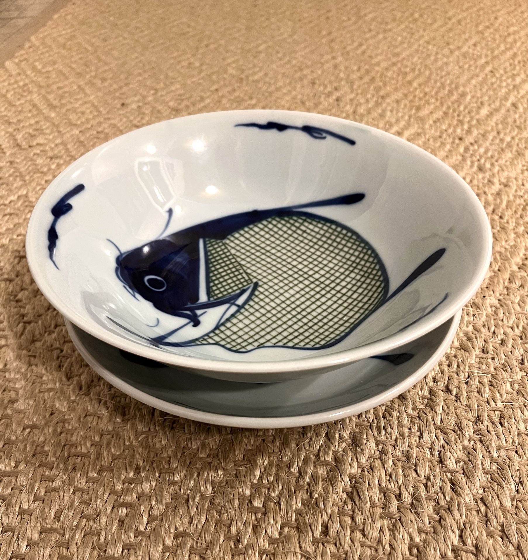 Chinese Koi Fish Porcelain Large Soup Bowl With Shallow Bowl