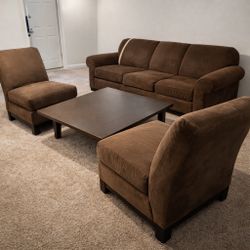 Brown Microfiber Living Room Set – Sofa + 2 Chairs + Coffee Table” 