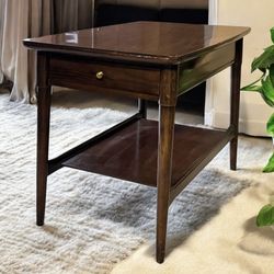 Mid Century Side Table Veneer Top With Wood Legs Shelf And Drawer