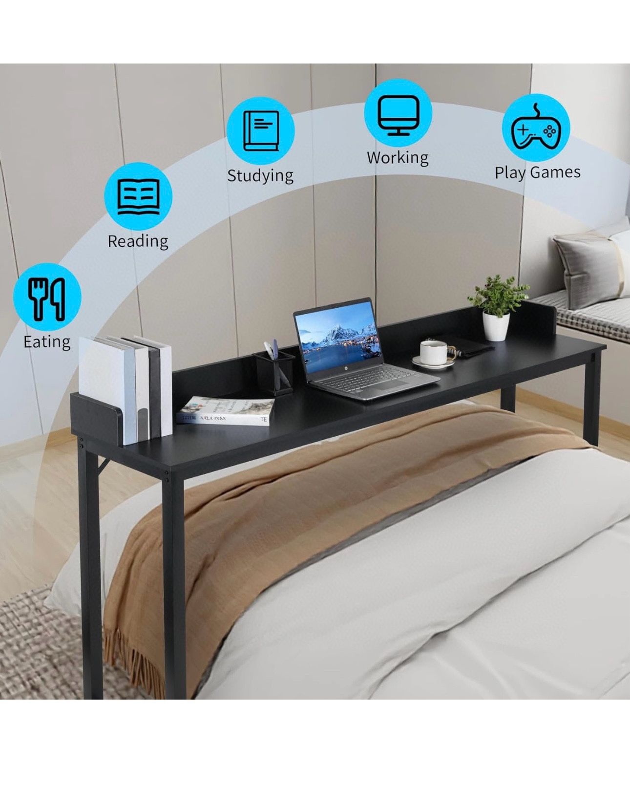 Overbed Table with 360° Wheels, Queen Size Mobile Bed Desk, Standing Workstation Laptop Cart, Over Bed Table w/Heavy Duty Metal Leg, Dining T