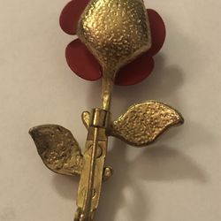 Vintage Gold Tones Red Rose Enamel Brooch Pin 