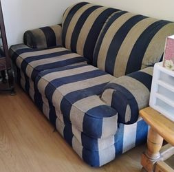 Blue and Beige Striped Fabric Loveseat