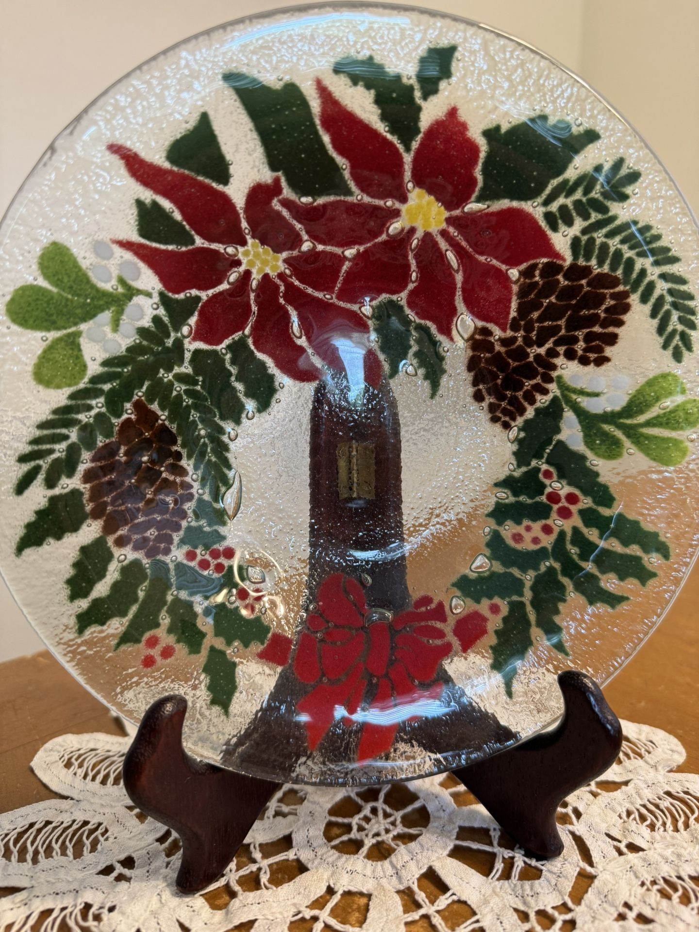 Vintage Peggy Karr Signed Fused Glass Poinsettia Christmas Bowl