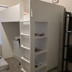 SMÅSTAD Loft bed, white white/with desk with 4 drawers, Twin