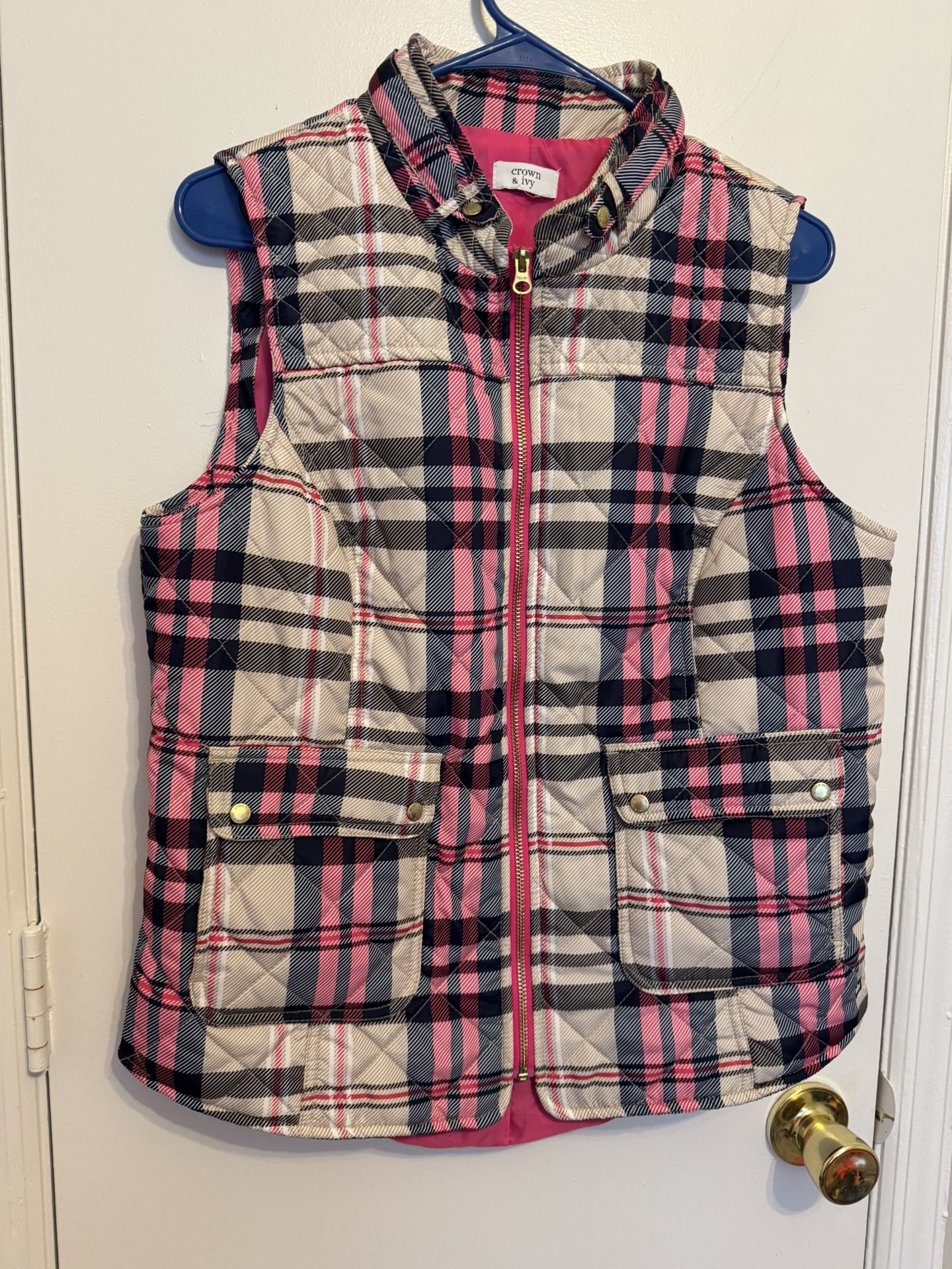 Womens Plaid Print Zip Up Puffer Vest Gold Buttons Size M