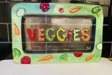 Colorful and whimsical fused glass multi colored “ VEGGIES” platter