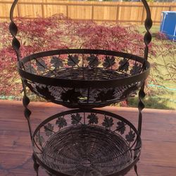 Vintage Wrought Iron And Wicker Tiered Basket