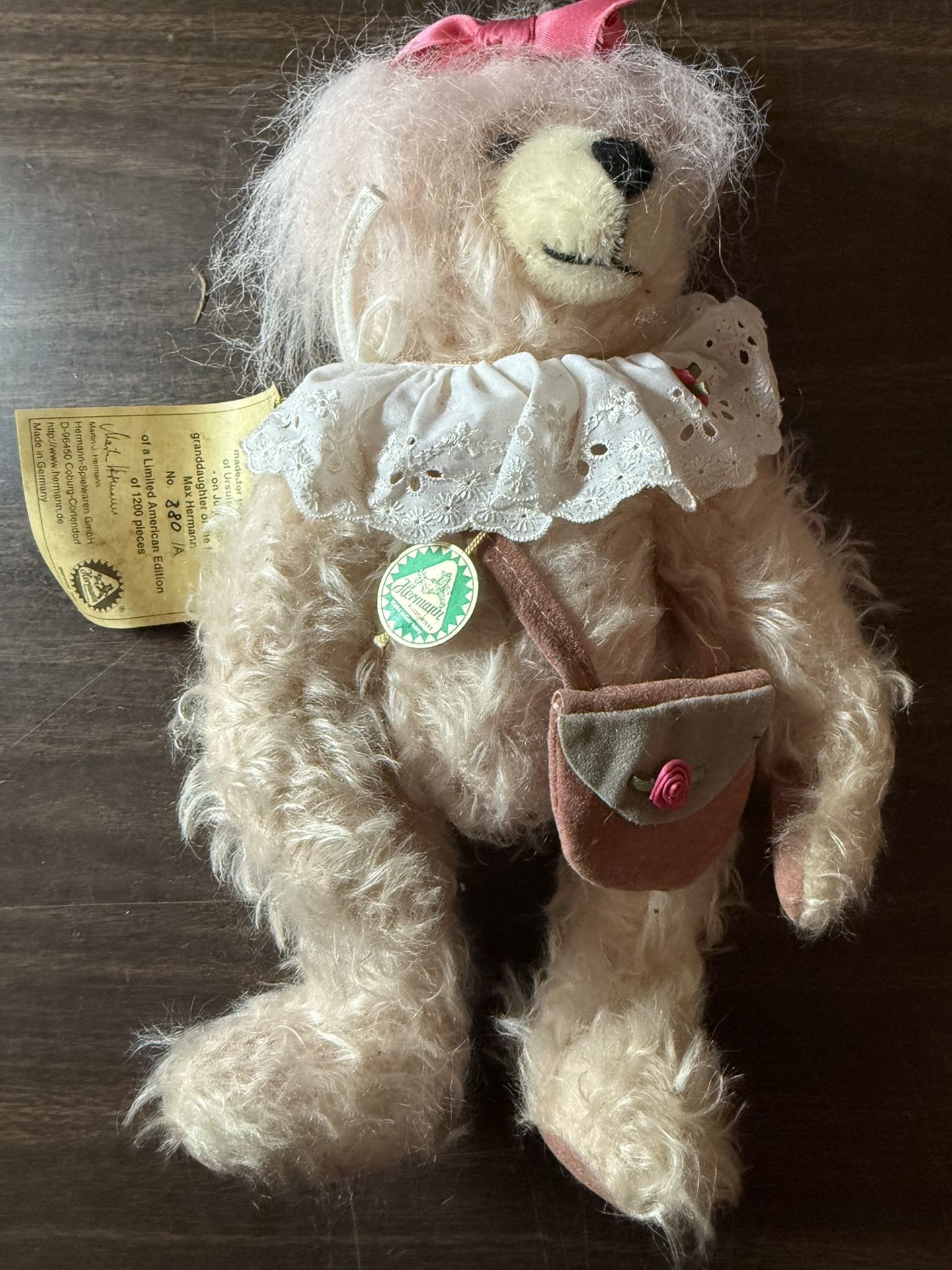 Vintage Hermann Ursula's Birthday Teddy Bear Pink Germany #880 of 1200 12"T