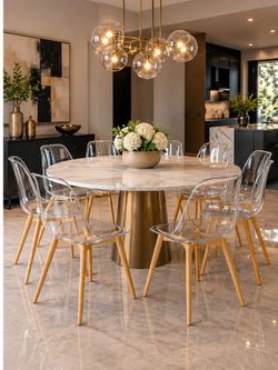 Set Of 8 - Transparent / Clear Dining Chairs with Wood / Brown Plated Metal Legs [NEW IN BOX] **Retails For $660  [CHAIRS ONLY / TABLE NOT INCL]