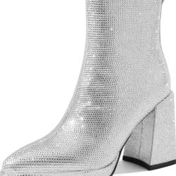 Sparkling Rhinestone Chunky High Heeled Ankle Boots