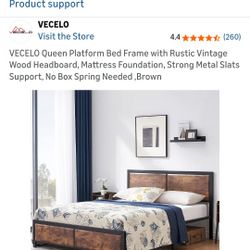 VECELO Queen Platform Bed Frame with Rustic Vintage Wood Headboard, Mattress Foundation, Strong Metal Slats Support, No Box Spring Needed ,Brown