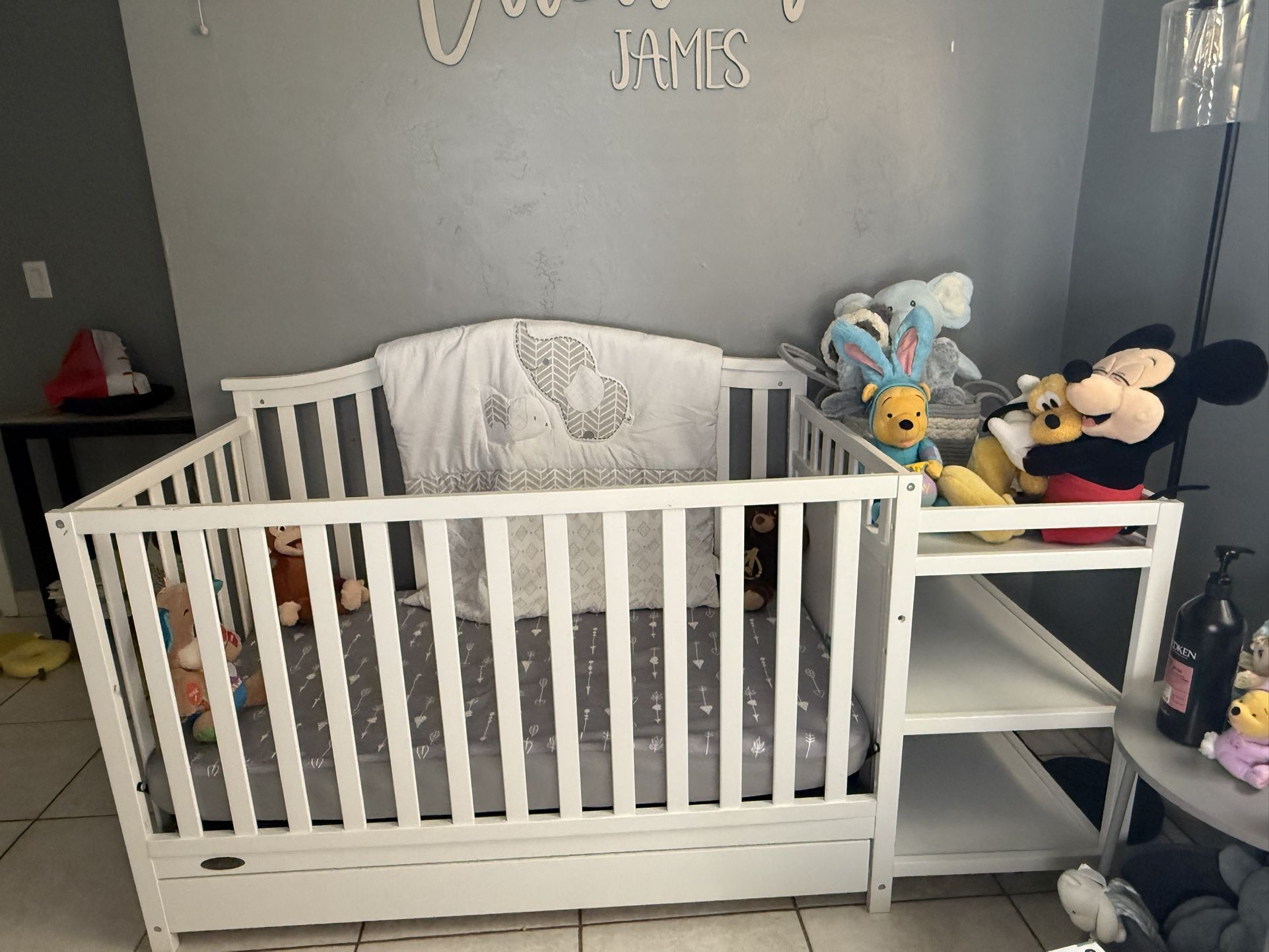 Crib With Drawer For Storage And Connecting Changing Table/Shelves