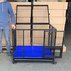 (NEW) $150 Heavy-Duty Dog Cage 37x25x33” Single-Door Folding Crate Kennel with Plastic Floor & Tray