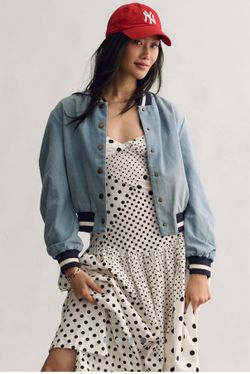 Anthropologie DOLAN Ruched-Sleeve Denim Varsity Bomber Jacket M