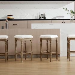 Set of4 -26 inch linen bar stools, with nail head ornaments, wooden stool for kitchen, bistro island