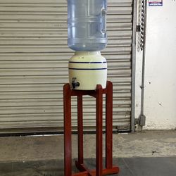 White & Blue Water Cooler With Wood Support 