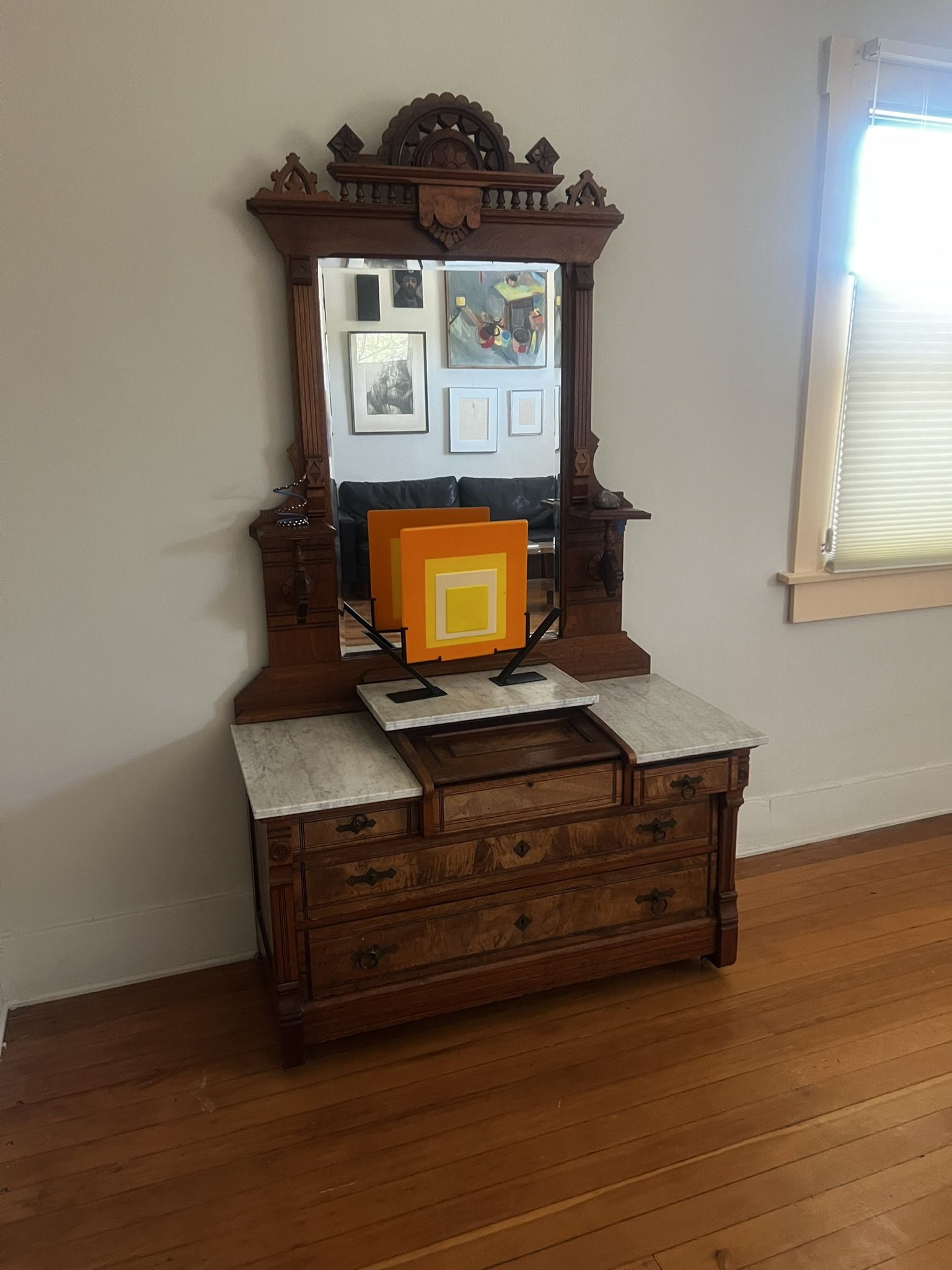Antique Victorian Marble Top Chest Of Drawers & Mirror 