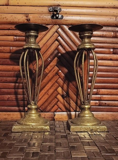 Gold Flake Paint Pillar Candle Holders, Gold Metal Candle Holder Set