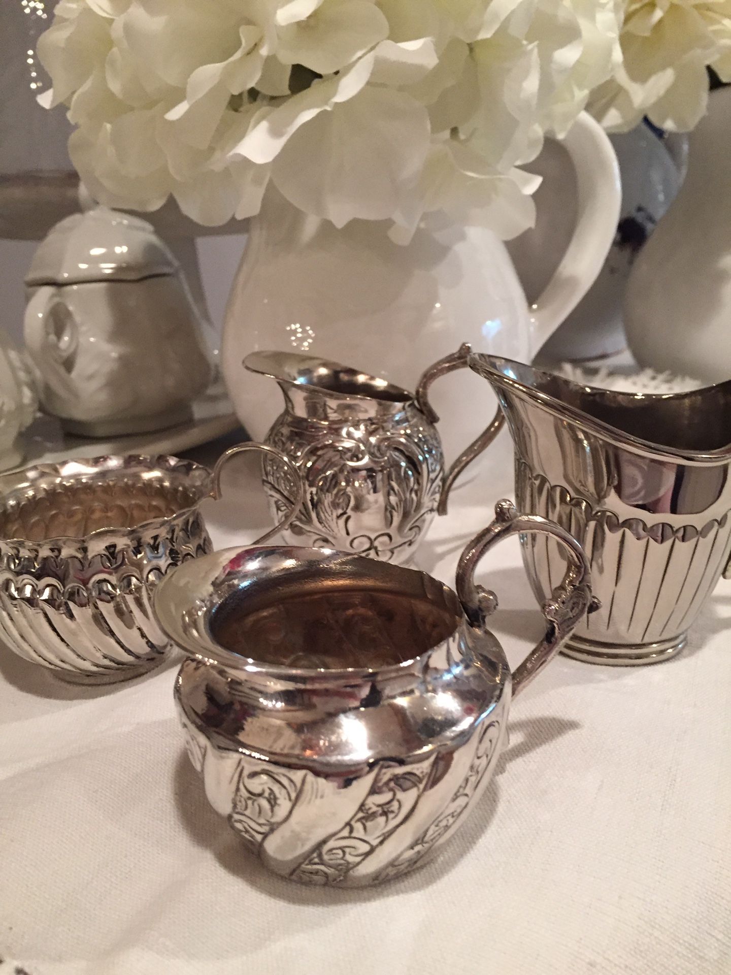 Vintage Silverplate 3 Fancy Designed Creamers Pitchers and 1 Sugar Bowl