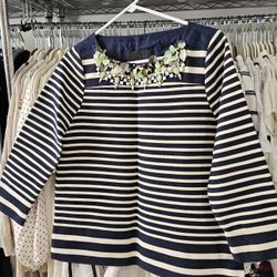 New, never worn Size 2 woman J Crew thick cotton knit, mid sleeve with bedezzled neck decoration. 