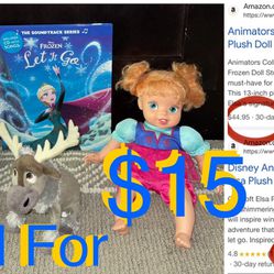 $15 Bundle of Disney Baby Anna & Elsa,Book,Sven Deer pet all included in great condition