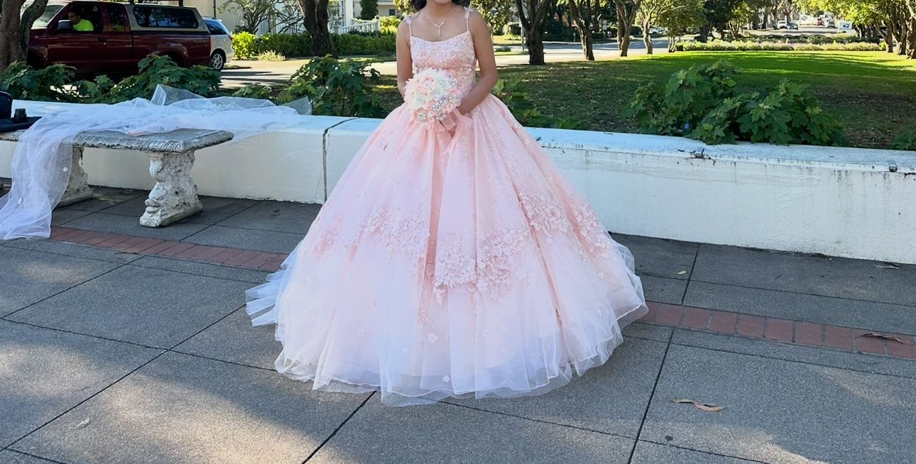 Pink Blush Quinceañera Dress Size Small With Crown