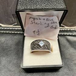 Sterling Silver Ring With Light Blue Stone And Marcasite Stones  