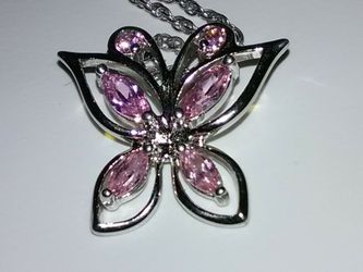 Stamped 925 Steling Silver Butterfly Charm with cubic zirconia on a Stamped Sterling Silver 17 inch Rope chain.