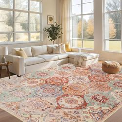 8x10 Washable Nonslip Area Rug with Vintage Print Pattern, Cream/Multi, NEW