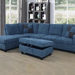 Blue Microfiber Sectional Couch And Ottoman