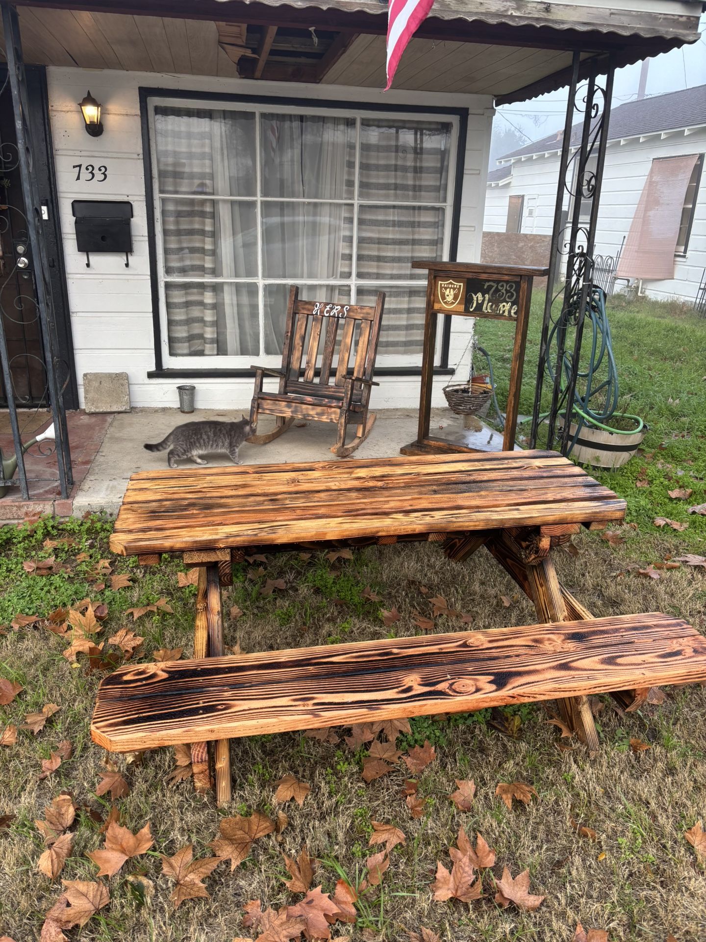 Picnic Table, rocking chair, address, Wood sign
