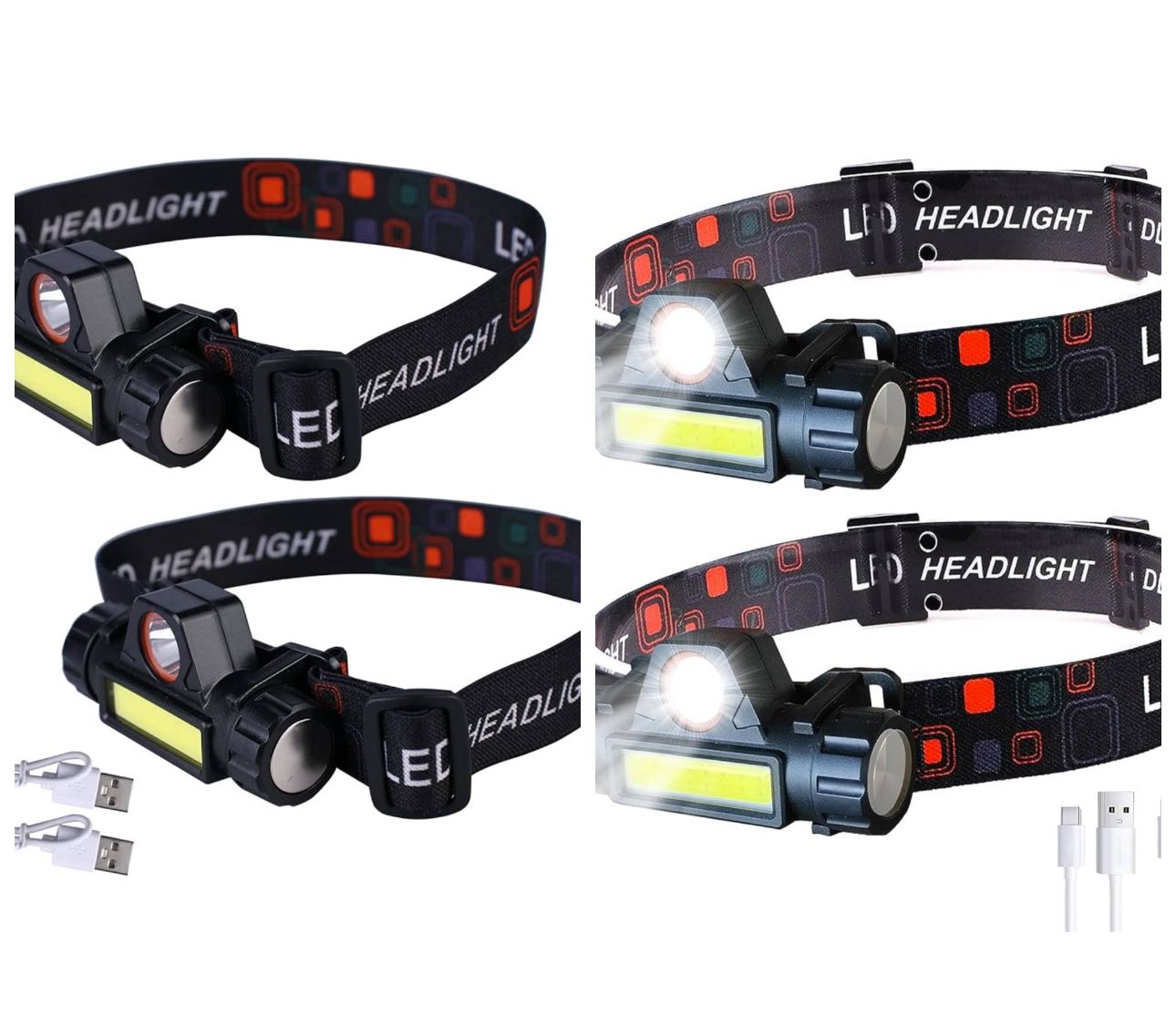 4 PCs Headlamp Rechargeable, Super Bright LED Head Lamp, Waterproof Outdoors Headlamp Flashlight, Adjustable headlamps for Adults and Kids,Cycling,Run