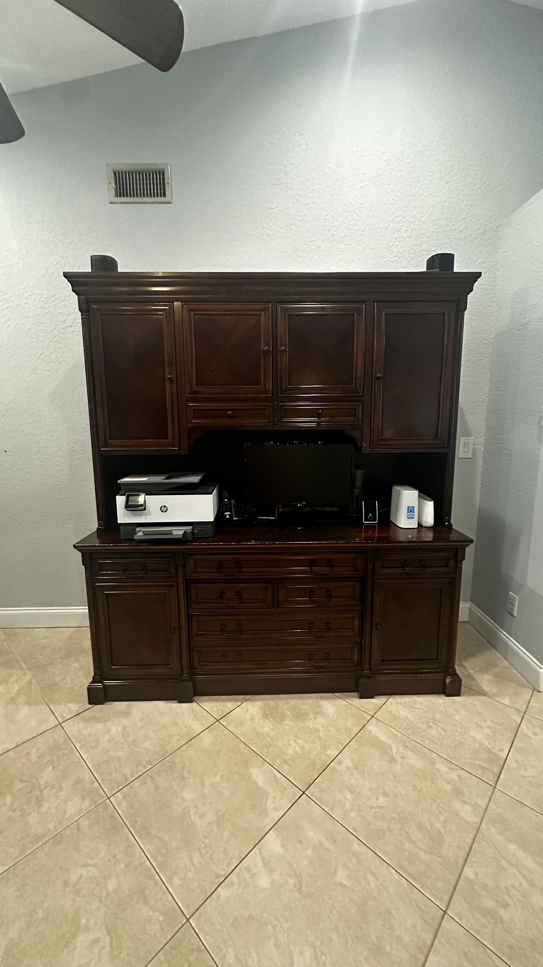 Wood Desk With Removable Hutch And File Cabinet. 