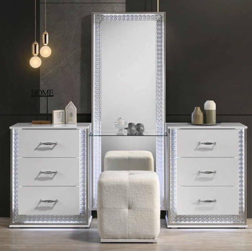 Brand New Plush White Vanity w Stool