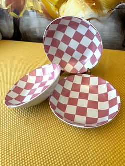 Pink and White Checkered Ceramic Bowls Set of 3