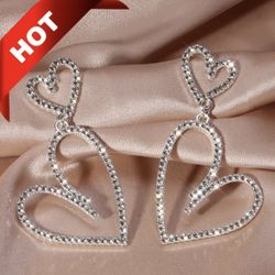 Stunning Double Heart Earrings Sparkling Rhinestone Silver Plated Valentines 