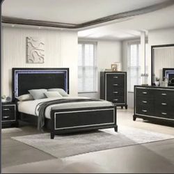 Brand New Elegant 4pc Queen Size LED Bedroom Set 