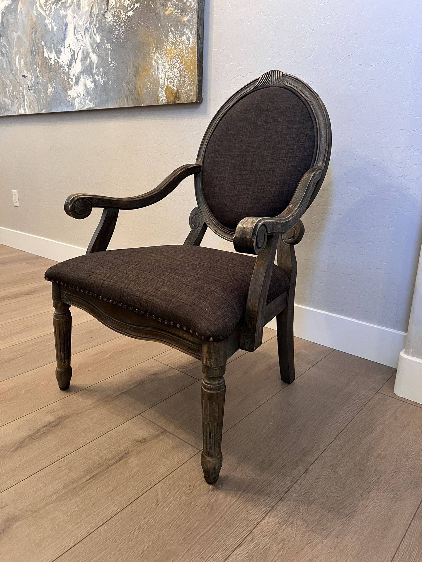 Antique Louis XVI Style Oval Back French Antique Grey Washed Armchair w/ Nailhead Pins 