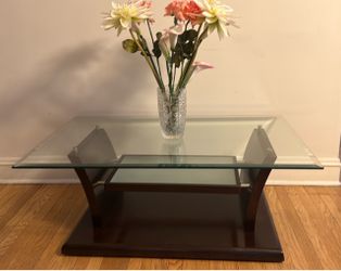 2 Glass Top Coffee Table with Wood Base