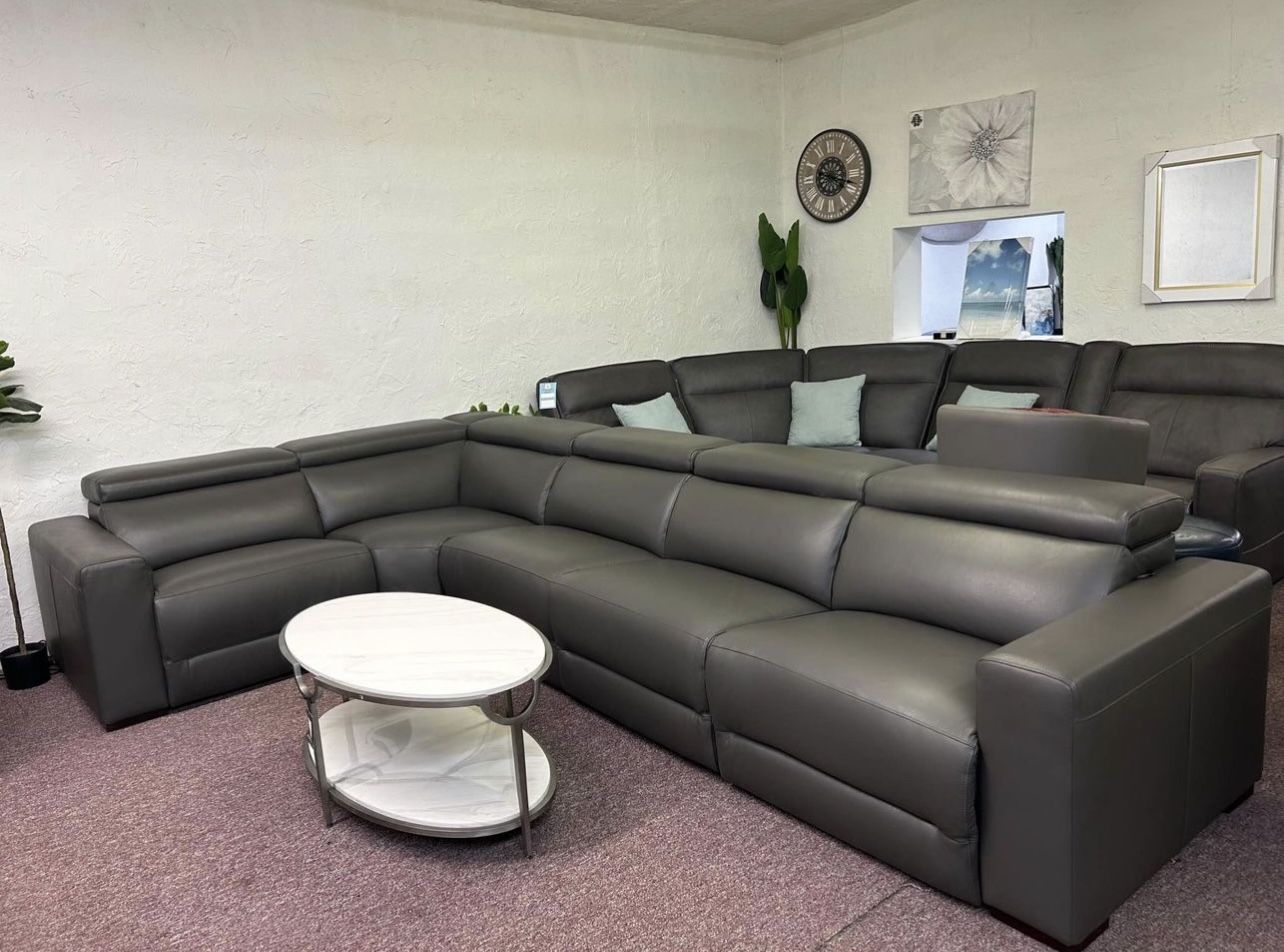 Furniture- 100% Real Top Grain Leather 5 Pc Sectional With 3 Power Recliners- Nevio