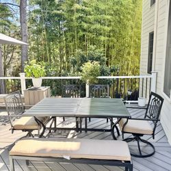 Brand New Patio Dining Set for 6, Outdoor Dining Set with 1 Bench, 2 Swivel Chairs, 2 Leg Chairs and 1 Rectangle Table