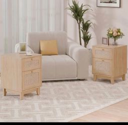Set of 2, Wood Night Stands with Drawer and Cabinet, Boho Bedside Tables, Wicker Side End Tables for Bedroom and Small Spaces, Natural Wood